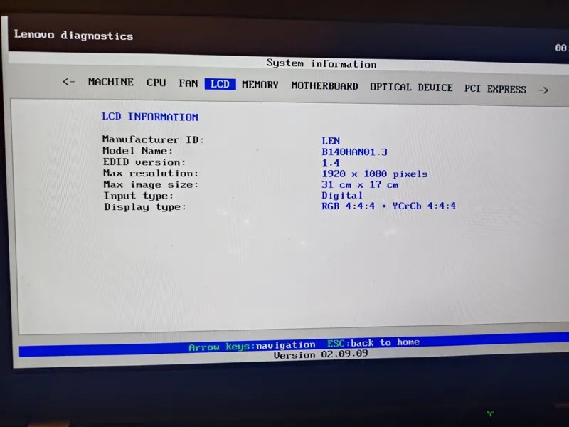 Lenovo Diagnostics showing the LVDS-eDP adapter board